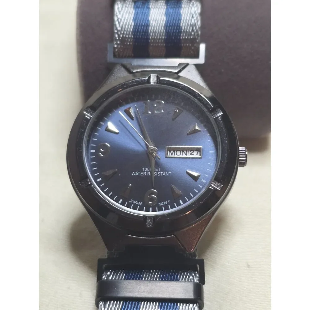 FMD Gunmetal Blue Sunburst Dial Day Date Mens Watch Blue Striped NATO Strap